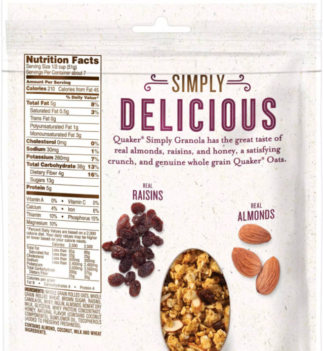 thành phần dinh dưỡng simply granola quaker